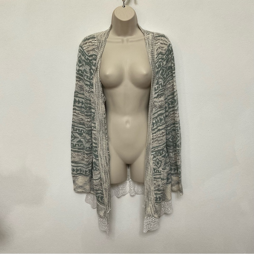 Vanity Green and Cream Lace-Trim Cardigan